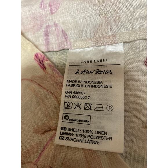 & Other Stories 100% Linen Floral Short Puff Sleeve Slit A Line Midi Dress Sz 6 - Picture 7 of 7